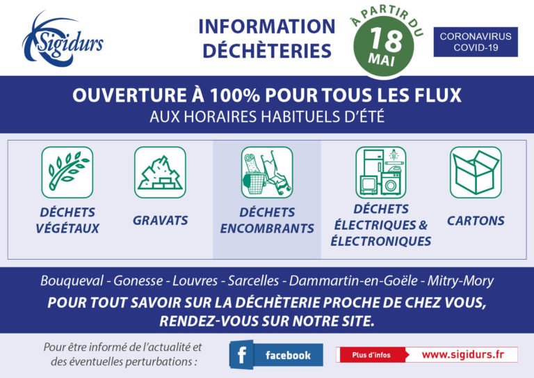 A partir du lundi  18 mai , les 6 déchèteries du Sigidurs seront ouvertes à 100%.