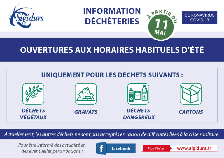 A partir de lundi 11 mai, la reprise des 6 déchèteries du Sigidurs évolue.