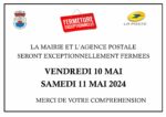 Fermeture de la mairie et de l’agence postale communale les 10 et 11 mai 2024