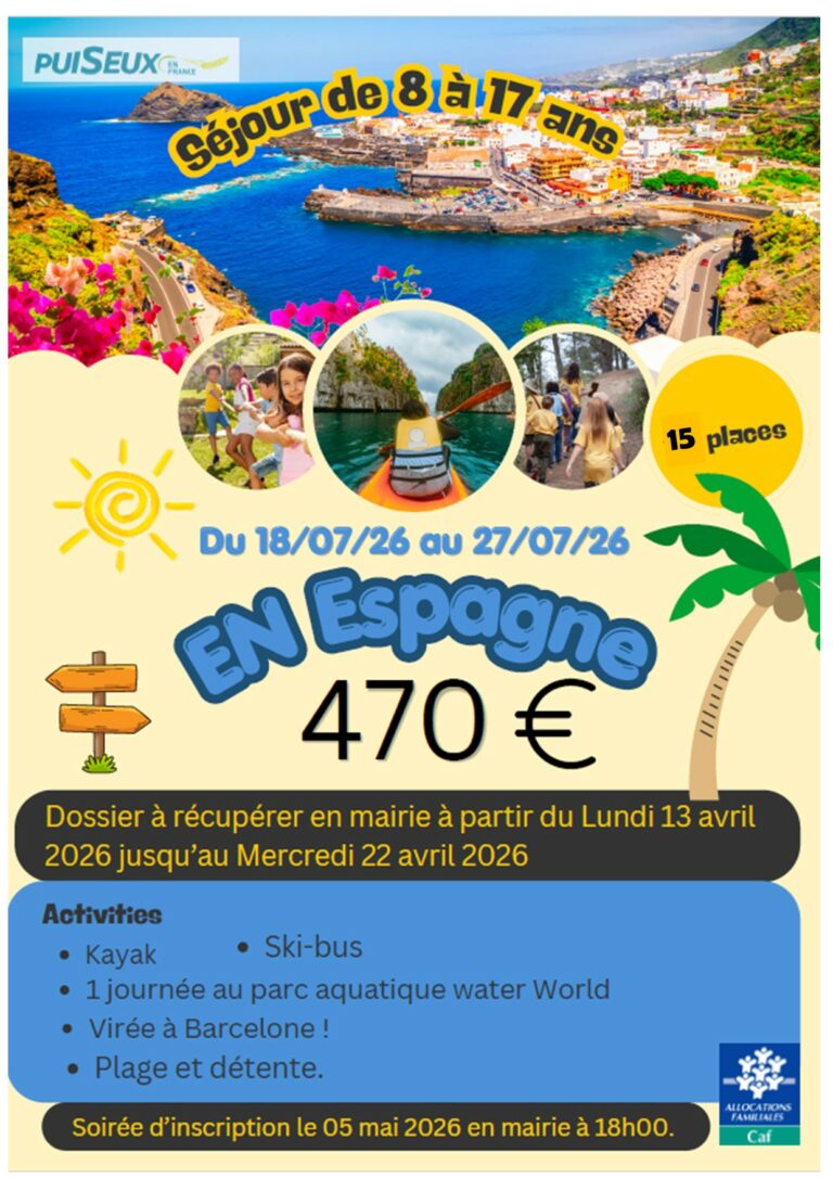 Soirée d’inscriptions le mardi 5 mai 2026 à 18h00 en mairie pour le séjour en Espagne du 18 au 27 juillet 2026