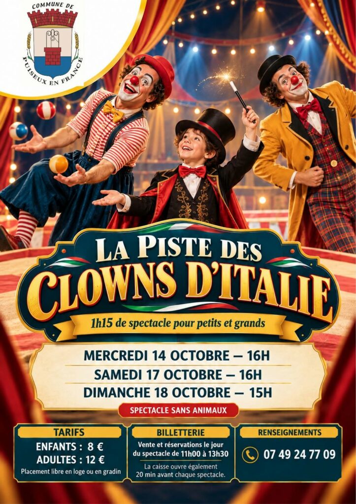 Affiche du spectacle « La piste des Clowns d’Italie » à Puiseux-en-France, du 14 au 18 octobre 2026